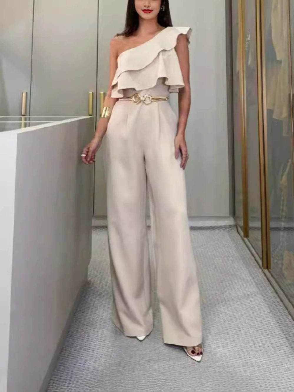 ZARA Apricot One Shoulder Ruffle Slim Jumpsuit Beltless